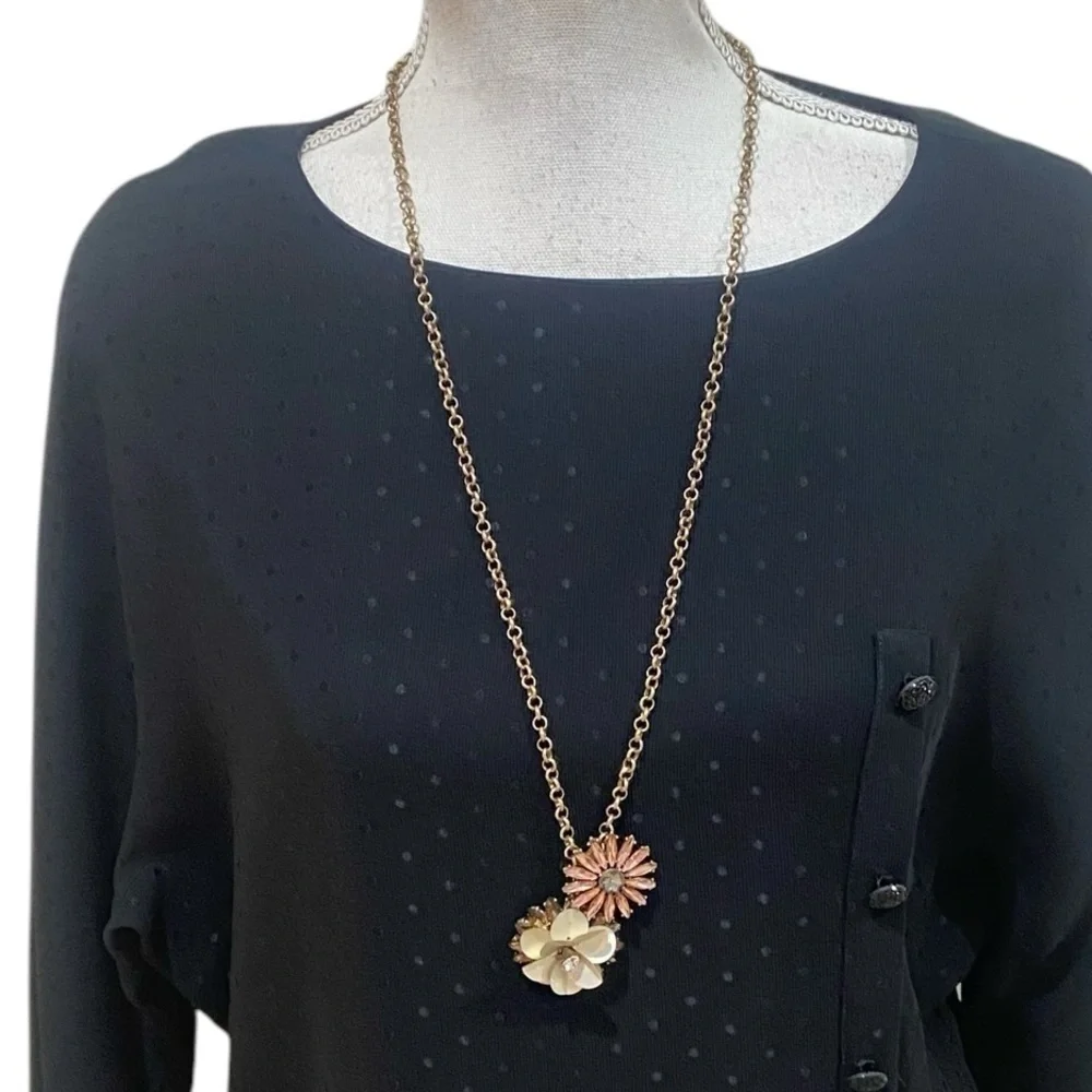 Ann Taylor antique gold chain long necklace double flower pendant blush crystal